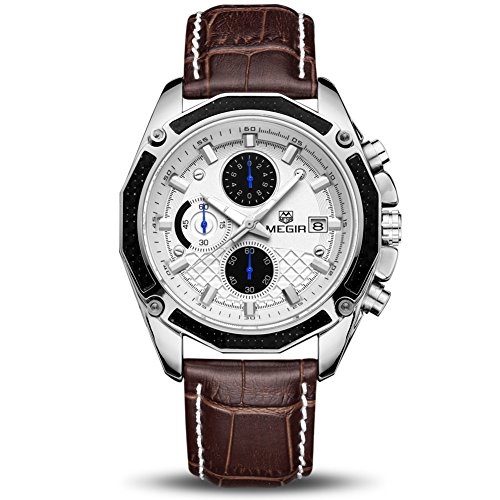 Relojes Hombre Relojes de Pulsera Marea Cronometro Impermeable Fecha Calendario Analogicos Cuarzo Relojes de Hombre Deportivo Casual Clásicos Multifunción con Correa de Cuero (Marrón)