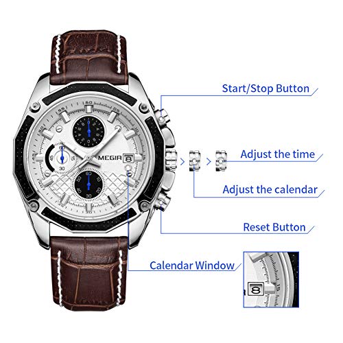 Relojes Hombre Relojes de Pulsera Marea Cronometro Impermeable Fecha Calendario Analogicos Cuarzo Relojes de Hombre Deportivo Casual Clásicos Multifunción con Correa de Cuero (Marrón)