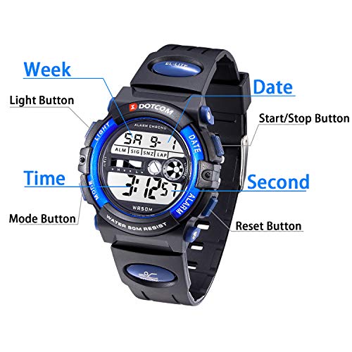 Relojes para Adolescentes, Relojes para Hombres, Reloj Padre-Hijo 5ATM Impermeable/Despertador/Cronómetro/Luces de Colores de Fondo, Relojes Impermeables, Relojes Deportivos(Azul-L)