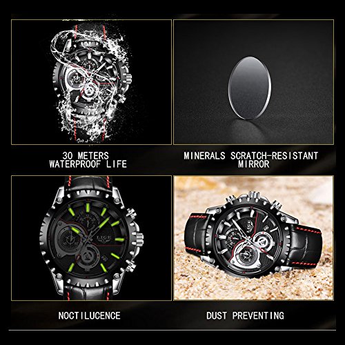 Relojes para Hombres,LIGE Correa de Cuero Impermeable Deportes Militar Reloj Gents Cronógrafo Calendario Top Marca Analógico de Cuarzo Relojes de Pulsera Negro