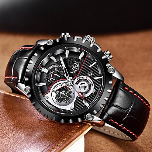 Relojes para Hombres,LIGE Correa de Cuero Impermeable Deportes Militar Reloj Gents Cronógrafo Calendario Top Marca Analógico de Cuarzo Relojes de Pulsera Negro