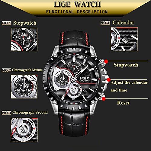 Relojes para Hombres,LIGE Correa de Cuero Impermeable Deportes Militar Reloj Gents Cronógrafo Calendario Top Marca Analógico de Cuarzo Relojes de Pulsera Negro
