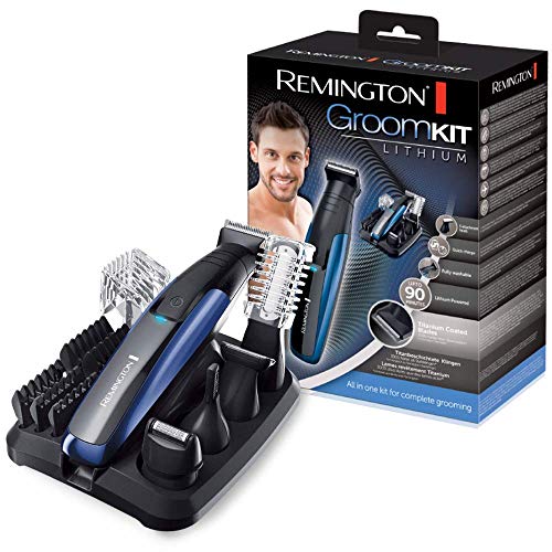 Remington Kit Lithium PG6160 - Recortador Multifunción y Cortapelos, Barba, Cabello, Vello Corporal, Nariz, Orejas, Inalámbrico, Titanio, 10 Accesorios, Negro y Azul