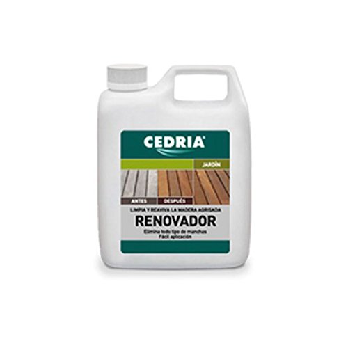 Renovador de la madera Cedria es un eficaz limpiador de maderas agrisadas debido a la expuesición al sol, al agua y a la humedad, además elimina manchas producidas por hongos, óxido, vegetales, taninos, etc - 1 litro -