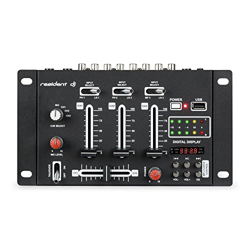Resident DJ DJ-21 - DJ-Mixer, Mesa de Mezclas, 3/2 Canales, Compacta, USB, Entrada RCA, Toma de teléfono, Controlador Cue, Controlador de micrófono, Fácil de Usar, 18 interruptores, Negro