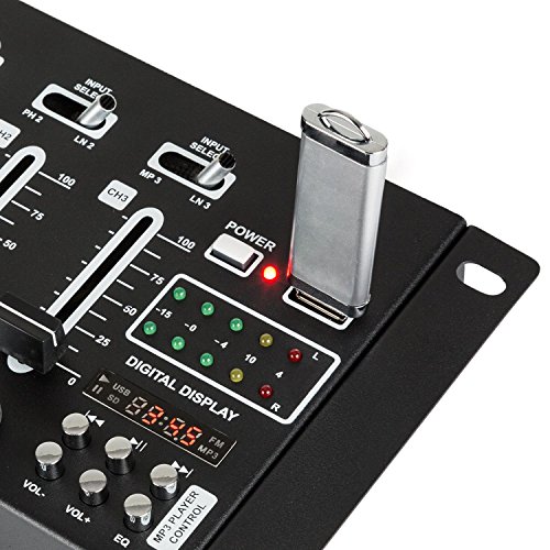 Resident DJ DJ-21 - DJ-Mixer, Mesa de Mezclas, 3/2 Canales, Compacta, USB, Entrada RCA, Toma de teléfono, Controlador Cue, Controlador de micrófono, Fácil de Usar, 18 interruptores, Negro