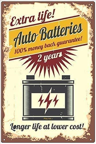 Retro Auto Battery Longer Life at Lower Cost Cartel de Pared de estaño Señal de Advertencia Metal Retro Placa de Hierro Pintura Decoración de Arte para el hogar Pub Oficina 30x20 cm