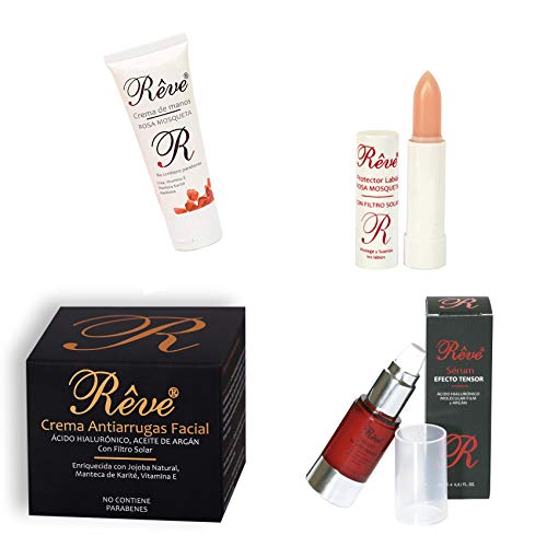 REVE Pack de Crema Antiarrugas Facial Argán con Ácido Hialurónico + Serum Tensor - Día y Noche - Hombre y mujer - Crema manos 50 ml y labial rosa mosqueta de regalo