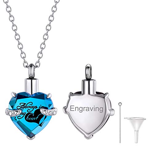 Richsteel Corazón Piedra Zafiro Personalizable Colgante Cenizas Guardapelo Perfume Relicario Urna de cremación Acero Inoxidable Collar para Mujer Hombre Gratis Caja de Regalo