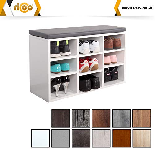 RICOO WM035-W-A, Banco Zapatero, 79x49x30, Armario Interior con Asiento, Organizador Zapatos, Mueble recibidor, Perchero Entrada, Madera Blanco