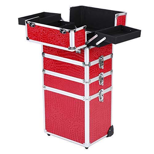 Ridgeyard 5 en 1 universal de aluminio de gran belleza maquillaje cosméticos Rolling Case Trolley Tronco Vanity Profesional portátil Travel organizador caja bolsa-Red(Rojo)