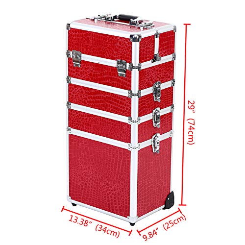 Ridgeyard 5 en 1 universal de aluminio de gran belleza maquillaje cosméticos Rolling Case Trolley Tronco Vanity Profesional portátil Travel organizador caja bolsa-Red(Rojo)