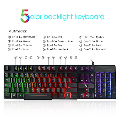 Rii RK100+ Novedoso Teclado USB Retroiluminado,Colores Rainbow y Panel metálico Resistente,Alta sensibilidad Ideal para Jugar, QWERTY con Layout Español Teclado espandido.