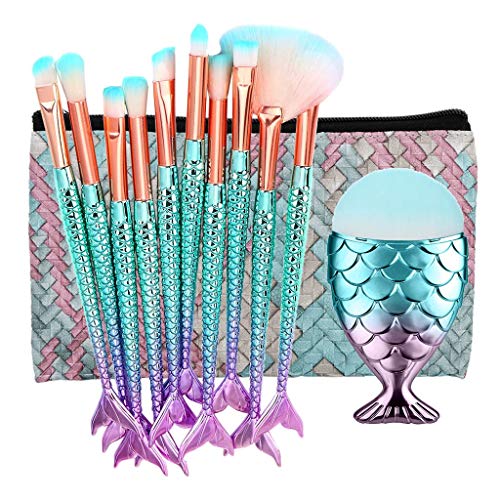 RIXTHY Set de Brochas de Maquillaje Sirena,con Esponja y Bolsa Grande de Cosmético,11piezas Maquillaje Profesional Pinceles Conveniente para Viaje,Fiesta (Multicolor)