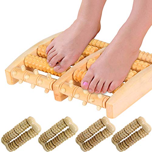 Rodillo de Masaje de Doble Pie de Madera y 4 Masajeador de manos Masajeador de Pies Rodillo Aparato para alivia dolor en el arco, talón y fascitis plantar y ayuda a mejorar la circulación