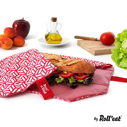 Roll'eat - Boc'n'Roll Tiles Bolsa Merienda Porta Bocadillos Ecológica y Reutilizable sin BPA, Rojo