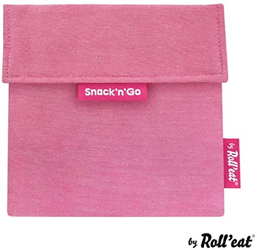 Roll'eat – Bolsa de aperitivo rosa ecológica, 18 x 18 cm, reutilizable, ecológica, sin BPA, impermeable, resistente a las manchas, fácil de limpiar, lavable a máquina, cierre: cierre de gancho y bucle