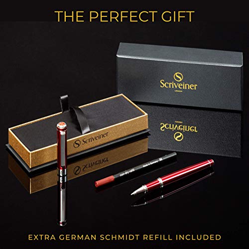 Rollerball Pen by Scriveiner London - Stunning Red Pen with Chrome Finish, Schmidt Ink Refill, Best Roller Ball Pen Gift for Men & Women, Professional, Executive Office, Nice Pens