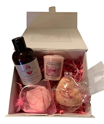 Romántico noche en Regalo Set con ROMANCE ACEITE DE MASAJE, Corazón Baño Bomba y vela perfumada ideal para Valentine O PAREJAS Regalo para compartir
