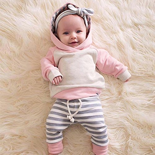 Ropa bebé, 3pcs Conjunto de Ropa para bebé niñas Sudadera con Capucha Tops+ Pantalones + Diadema Conjunto de Trajes 0 Mes - 2 Años (Rosado, Tamaño:24 Mes)