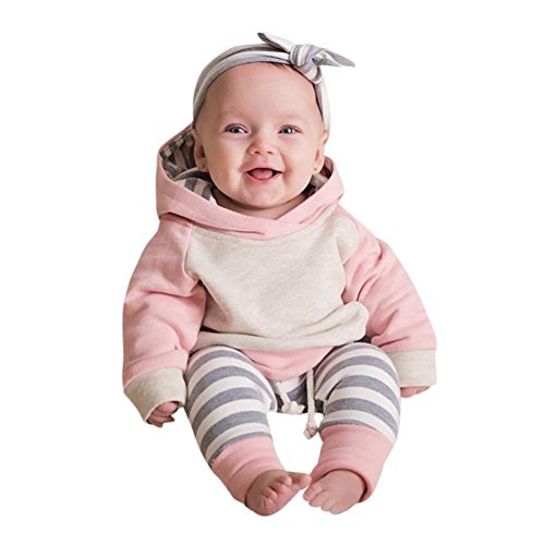 Ropa bebé, 3pcs Conjunto de Ropa para bebé niñas Sudadera con Capucha Tops+ Pantalones + Diadema Conjunto de Trajes 0 Mes - 2 Años (Rosado, Tamaño:24 Mes)