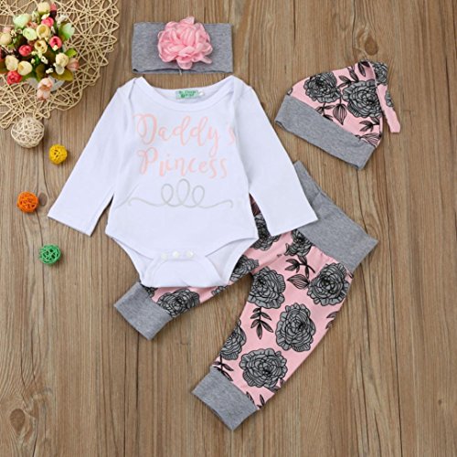 Ropa Bebe Niña Otoño Invierno Fossen Recién Nacido Niña Peleles Monos de Manga Larga + Floral Pantalones + Sombrero + Venda de Pelo,0-18 Meses Bebé Ropa (3-6 Meses, Rosa)