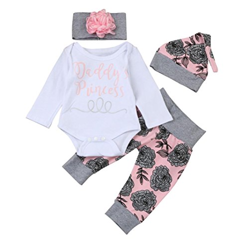 Ropa Bebe Niña Otoño Invierno Fossen Recién Nacido Niña Peleles Monos de Manga Larga + Floral Pantalones + Sombrero + Venda de Pelo,0-18 Meses Bebé Ropa (3-6 Meses, Rosa)