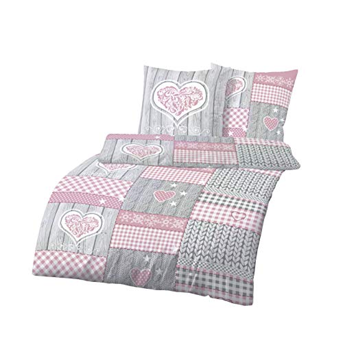 Ropa de cama de franela de 135 x 200 cm, 2 piezas, diseño de corazón, color rosa, funda nórdica de 135 x 200 cm y funda de almohada de 80 x 80 cm