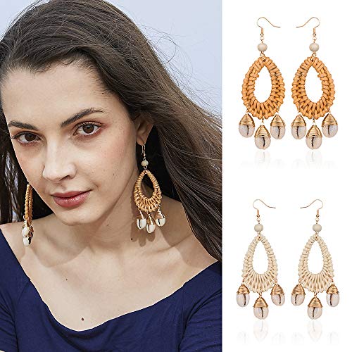ROVNKD ✿ Bohemian Conchas ratán Hechos a Mano Larga Gotas Pendientes Mujer Joyas, Moda, una Variedad de Tipos café Tallaúnica