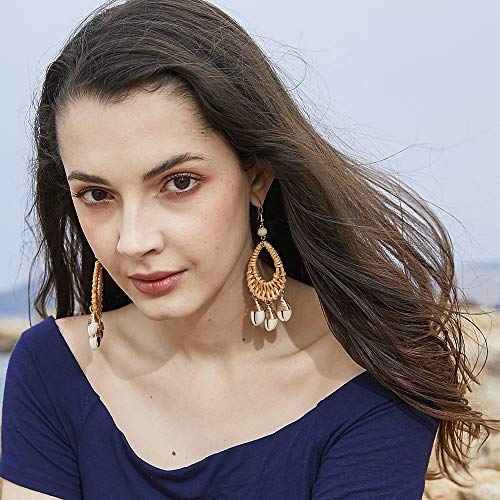 ROVNKD ✿ Bohemian Conchas ratán Hechos a Mano Larga Gotas Pendientes Mujer Joyas, Moda, una Variedad de Tipos café Tallaúnica