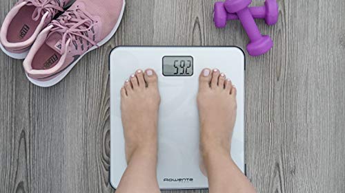 Rowenta Premio BS1220 - Báscula Baño con Pantalla LCD, Dígitos Grandes, Compacta, Capacidad de 160 kg, Plataforma de Vidrio, Apagado Automático e Incluye Pilas