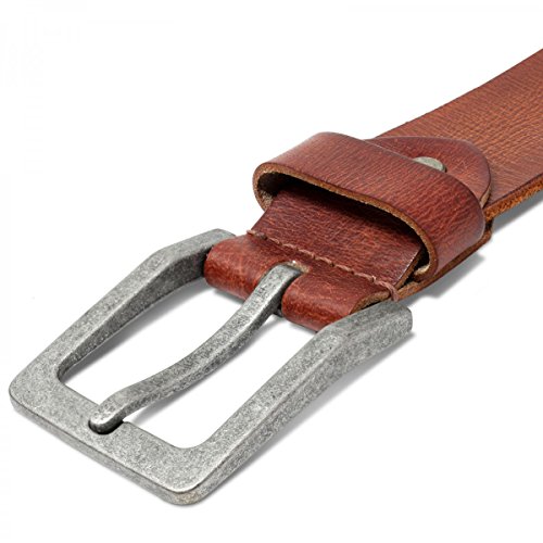 ROYALZ Vintage 4mm Cinturón de cuero de búfalo robusto 4mm de cuero para hombre, correa para vaqueros con hebilla de espina - cuero completo antiguo 38mm, Color:Cognac, tamaño:115