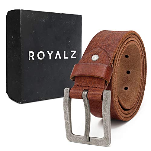 ROYALZ Vintage 4mm Cinturón de cuero de búfalo robusto 4mm de cuero para hombre, correa para vaqueros con hebilla de espina - cuero completo antiguo 38mm, Color:Cognac, tamaño:115