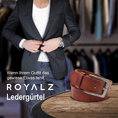 ROYALZ Vintage 4mm Cinturón de cuero de búfalo robusto 4mm de cuero para hombre, correa para vaqueros con hebilla de espina - cuero completo antiguo 38mm, Color:Cognac, tamaño:115