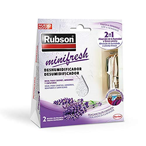 Rubson Minifresh, deshumidificador y ambientador de lavanda, bolsas deshumidificadoras en formato percha, absorbe olores 2 en 1 para hogar y oficina, 2 x 50 g, bolsita