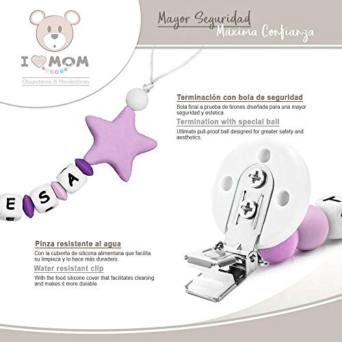 RUBY - Chupetero personalizado para bebe con nombre bola silicona antibacteria con pinza de acero inoxidable. Chuptero Estrella (Morado)