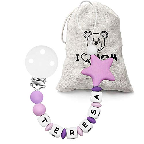 RUBY - Chupetero personalizado para bebe con nombre bola silicona antibacteria con pinza de acero inoxidable. Chuptero Estrella (Morado)