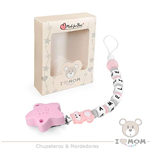 RUBY - Chupetero personalizado para bebe con nombre bola silicona antibacteria con pinza redonda de acero inoxidable, con 3 agujeros de seguridad. 2º unid al 15% de desc. (Gris) (Rosa Pastel-hx)