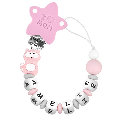RUBY - Chupetero personalizado para bebe con nombre bola silicona antibacteria con pinza redonda de acero inoxidable, con 3 agujeros de seguridad. 2º unid al 15% de desc. (Gris) (Rosa Pastel-hx)