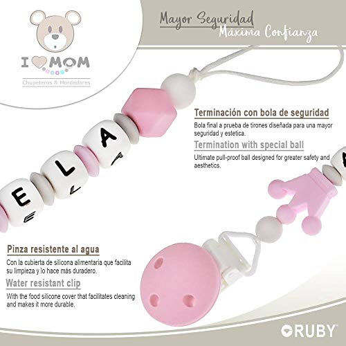 RUBY - Chupetero Personalizado para Bebé con Nombre Bola Silicona Antibacteria con Pinza Redonda de Silicona, Chupetero de Koala (rosa-hg)