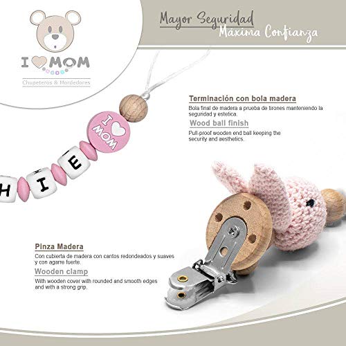 RUBY - Chupetero personalizado para bebe con nombre, figura crochet, bola silicona antibacteria con pinza redonda plástico, con 3 agujeros de seguridad. 2º unid al 15% de desc. (Rosa)