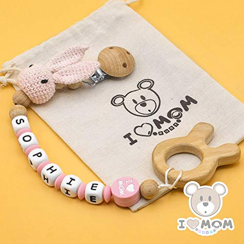 RUBY - Chupetero personalizado para bebe con nombre, figura crochet, bola silicona antibacteria con pinza redonda plástico, con 3 agujeros de seguridad. 2º unid al 15% de desc. (Rosa)