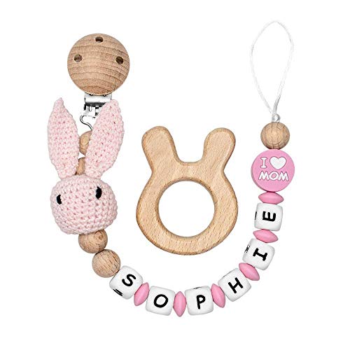 RUBY - Chupetero personalizado para bebe con nombre, figura crochet, bola silicona antibacteria con pinza redonda plástico, con 3 agujeros de seguridad. 2º unid al 15% de desc. (Rosa)