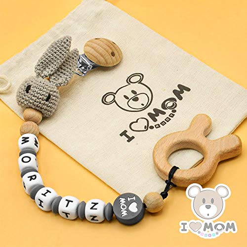 RUBY - Chupetero personalizado para bebe con nombre, figura crochet, bola silicona antibacteria con pinza redonda plástico, con 3 agujeros de seguridad. 2º unid al 15% de desc. (Gris-01)