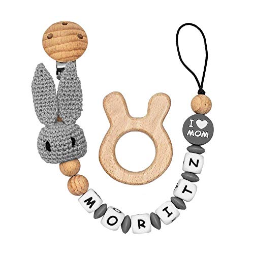 RUBY - Chupetero personalizado para bebe con nombre, figura crochet, bola silicona antibacteria con pinza redonda plástico, con 3 agujeros de seguridad. 2º unid al 15% de desc. (Rosa)