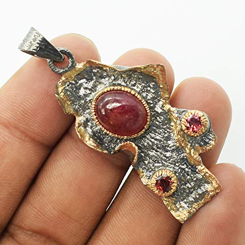 Ruby & Garnet Nature Design Elegante plata de ley 925, rodio negro, chapado en oro rosa, colgante de fianza