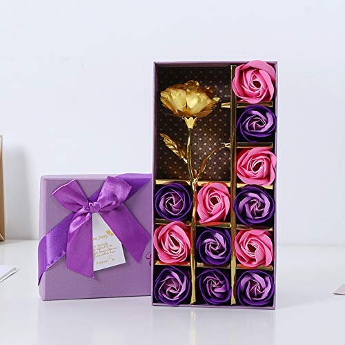 Ruiting Rosa 24k Chapadas en Oro,Rosa Eterna Flores con Jabón Rosa en Caja Romántico Regalo para Fiestas Boda San Valentín Aniversario Cumpleaños (Violado)