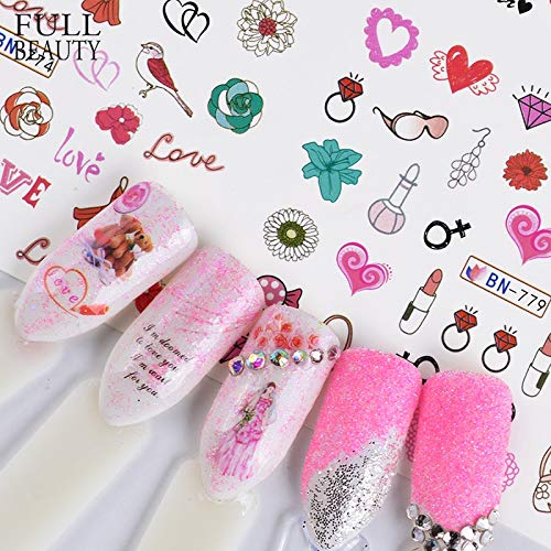 RXBGPZZJT Pegatina De Uñas 36 Unids Romántico Etiqueta De San Valentín Para Nail Art Slider Calcomanías Beso Flor Amor Labios Manicura Diseños Consejos De Agua Conjuntos