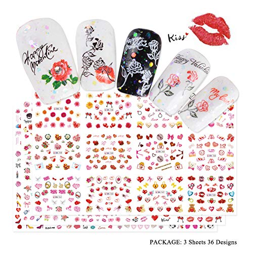 RXBGPZZJT Pegatina De Uñas 36 Unids Romántico Etiqueta De San Valentín Para Nail Art Slider Calcomanías Beso Flor Amor Labios Manicura Diseños Consejos De Agua Conjuntos
