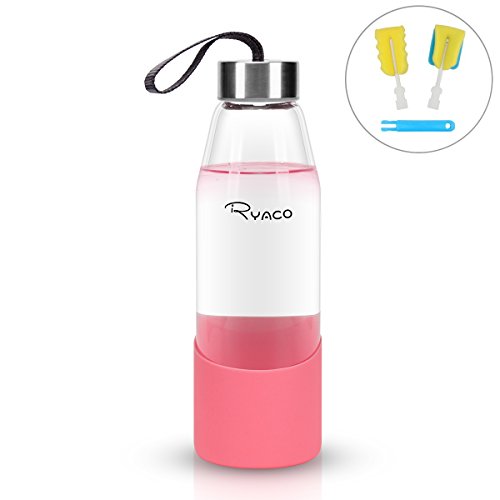 Ryaco Botella de Agua Cristal 500ml, Botella de Agua Reutilizable 16 oz, sin BPA Antideslizante Protección Silicona Llevar Manga y Cepillo de Esponja (Rosa, 500 ml)